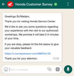 Customer feedback from whatsapp surveys