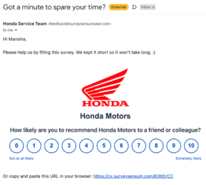 Example of NPS survey by email