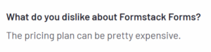 Customer review explaining Formstack’s high pricing
