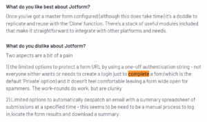 Customer review of Jotform in G2 platform explain what they like and dislike about the tool