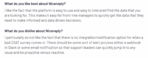 Customer review of Nicereply in G2 platform explain what they like and dislike about the tool