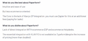 Customer review of Paperform in G2 platform explain what they like and dislike about the tool