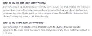 Customer review of SurveyMonkey in G2 platform explain what they like and dislike about the tool