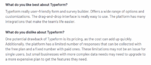 Customer review of Typeform in G2 platform explain what they like and dislike about the tool